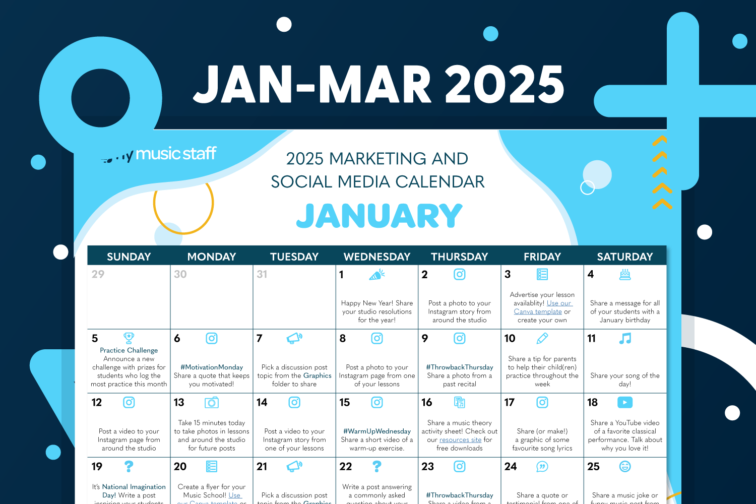 JanMarch 2025 Social Media Calendar My Music Staff Resources